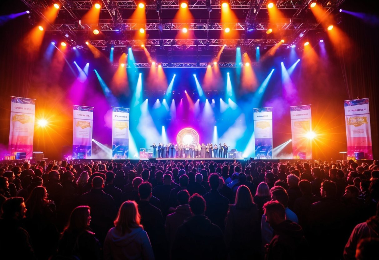 A colorful stage with bright lights and banners, surrounded by a crowd of people