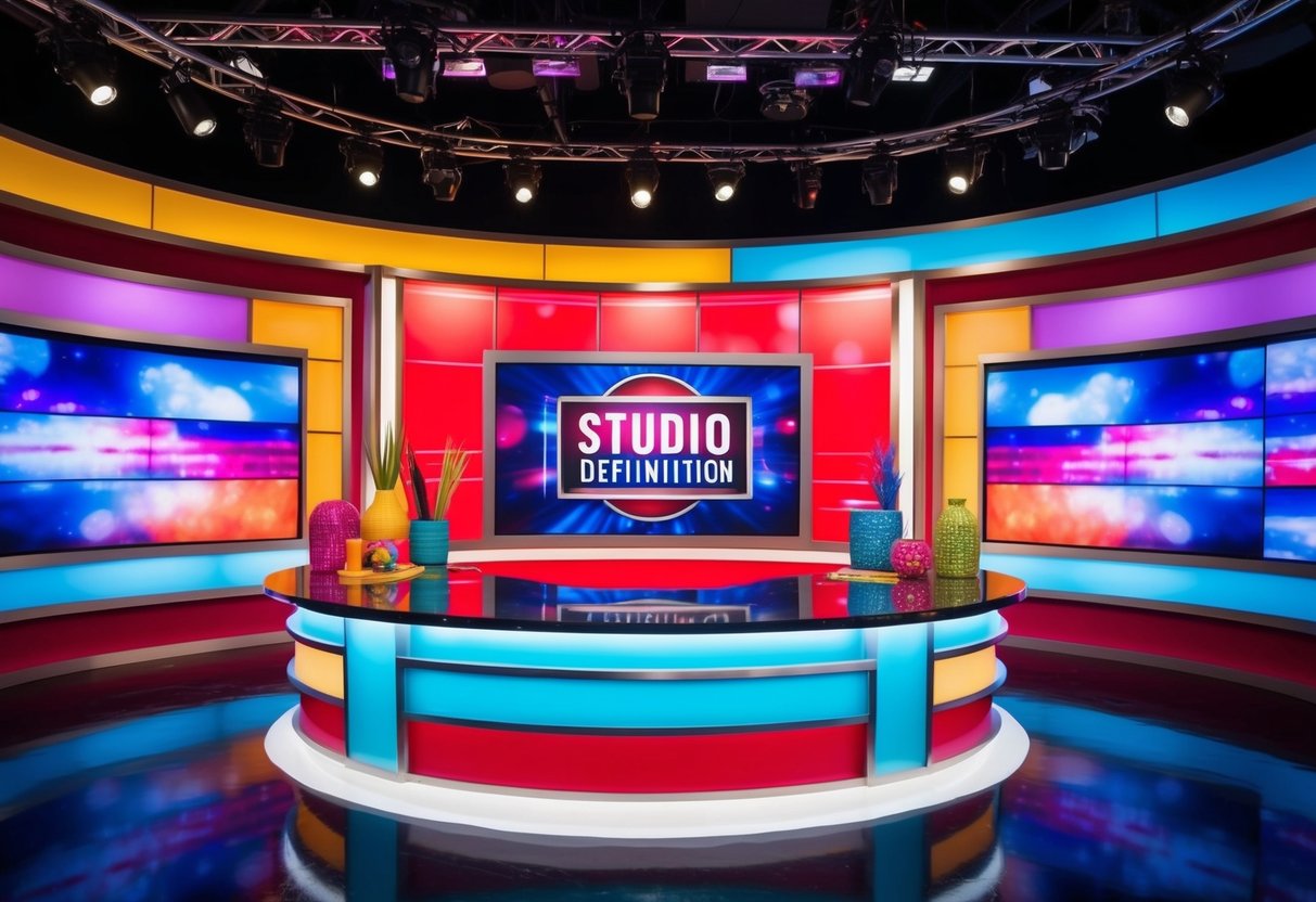 A vibrant TV studio set with colorful props and lights