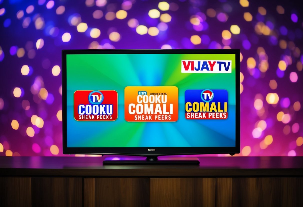 A colorful TV screen showing Cooku with Comali sneak peeks with Vijay TV logo and promotional graphics