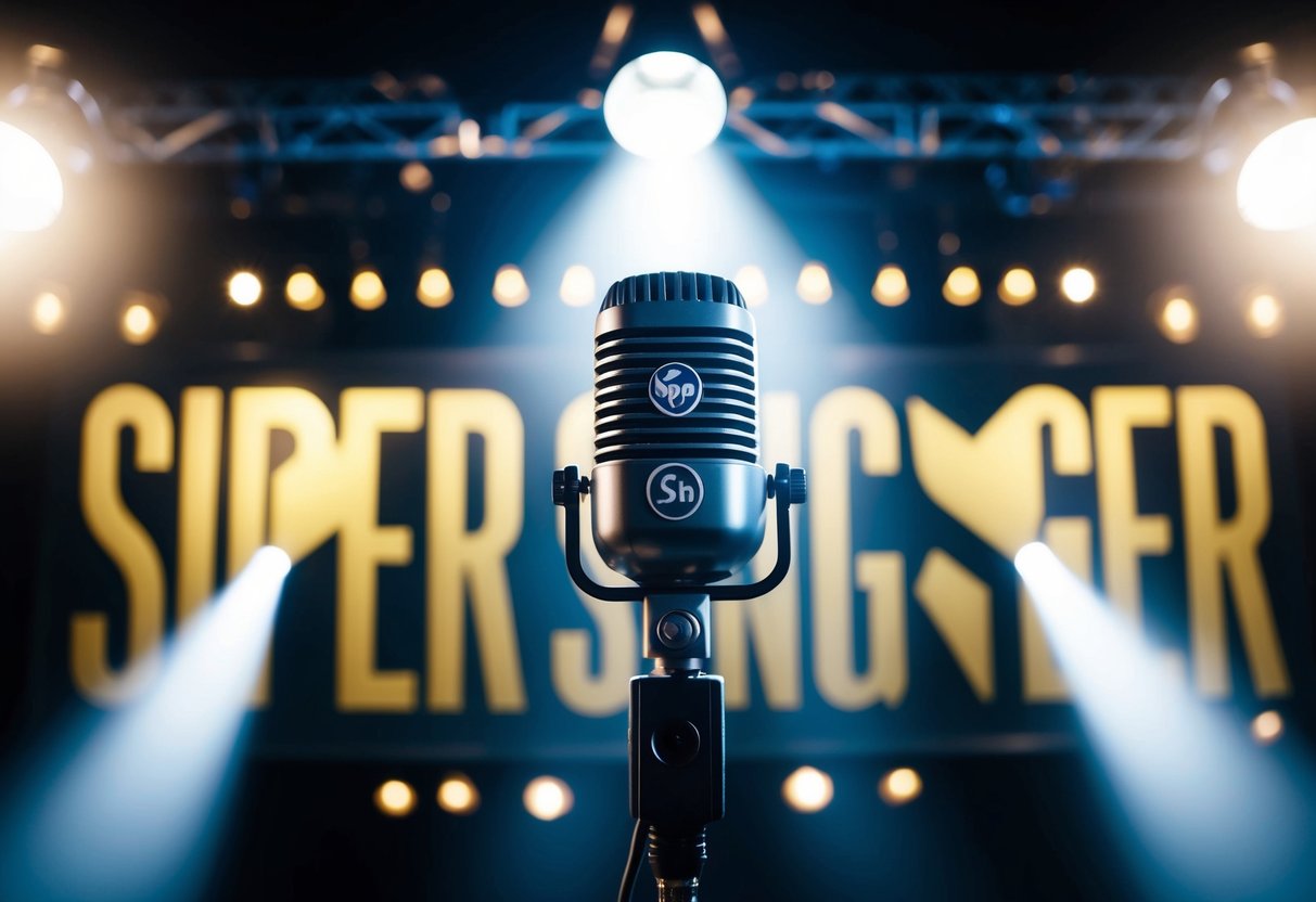A spotlight shines on a microphone with the Super Singer logo in the background, surrounded by promotional banners and lights