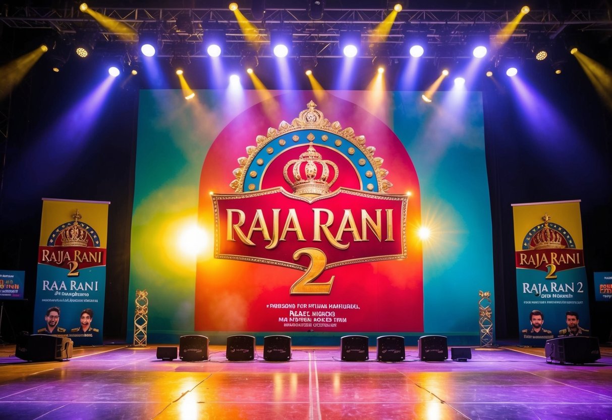 A colorful stage with bright lights and a large banner featuring the logo of "Raja Rani 2" surrounded by promotional materials