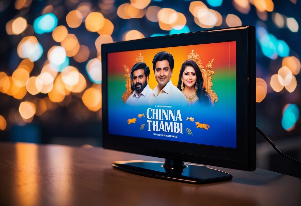 A television screen displaying "Chinna Thambi" with vibrant colors and promotional graphics