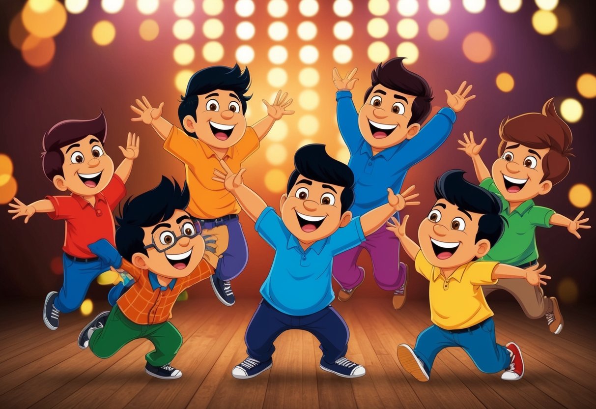 A group of lively cartoon characters engaging in playful antics for a Vijay TV promotion of Adhu Idhu Edhu funny moments