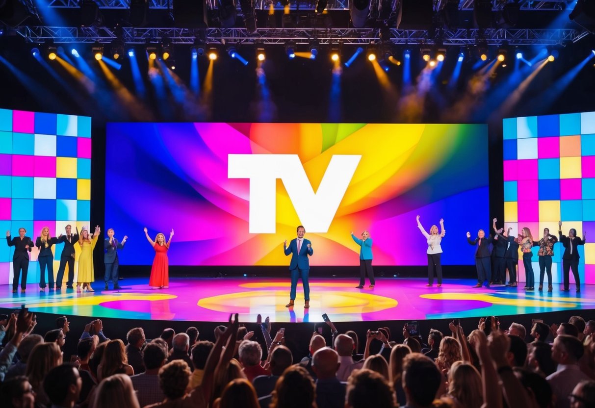 A colorful stage with bright lights and a large TV logo backdrop, surrounded by cheering audience members