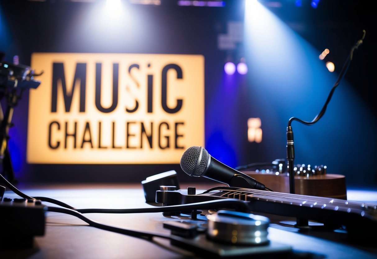 A spotlight shines on a stage with musical instruments and a microphone, while the logo for "Music Challenge" is displayed prominently