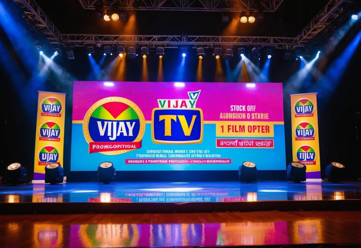 A colorful stage with spotlights and banners, showcasing Vijay TV logos and promotional imagery