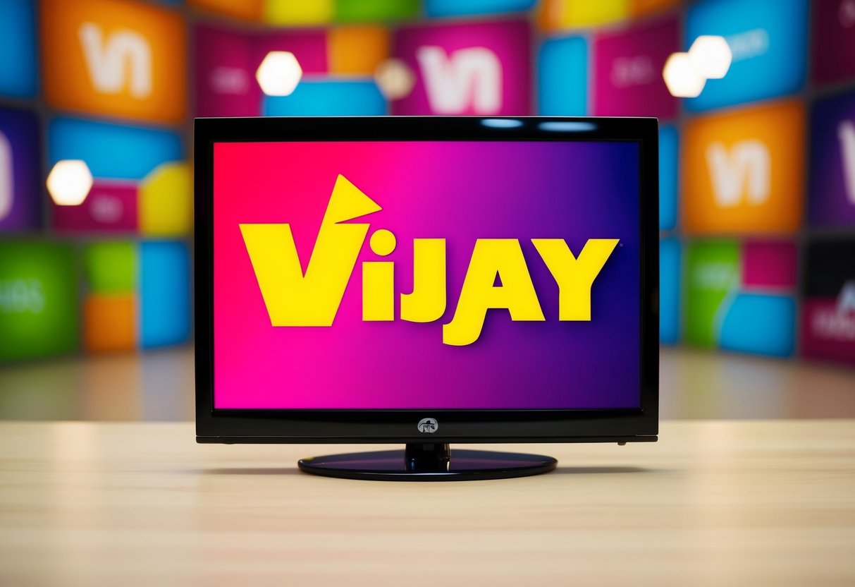 A vibrant TV screen with Vijay TV logo surrounded by colorful promotional graphics