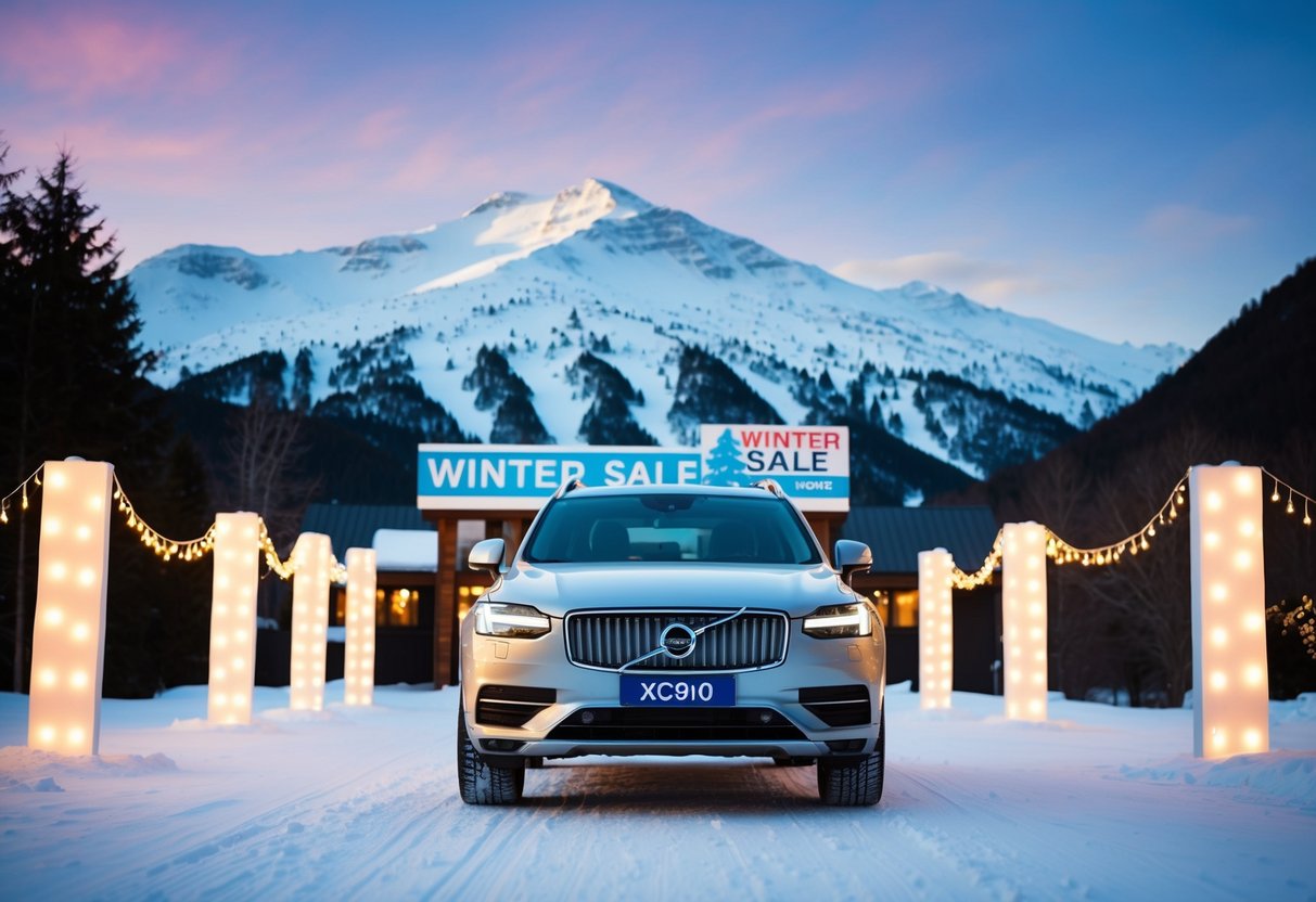 A snow-covered mountain backdrop with a sleek Volvo XC90 parked in front, surrounded by twinkling holiday lights and a "Winter Sale" banner