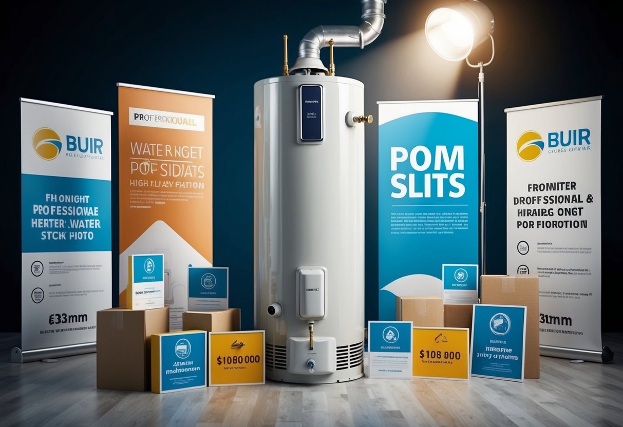 A water heater surrounded by promotional banners and signs, with a spotlight shining on it to draw attention