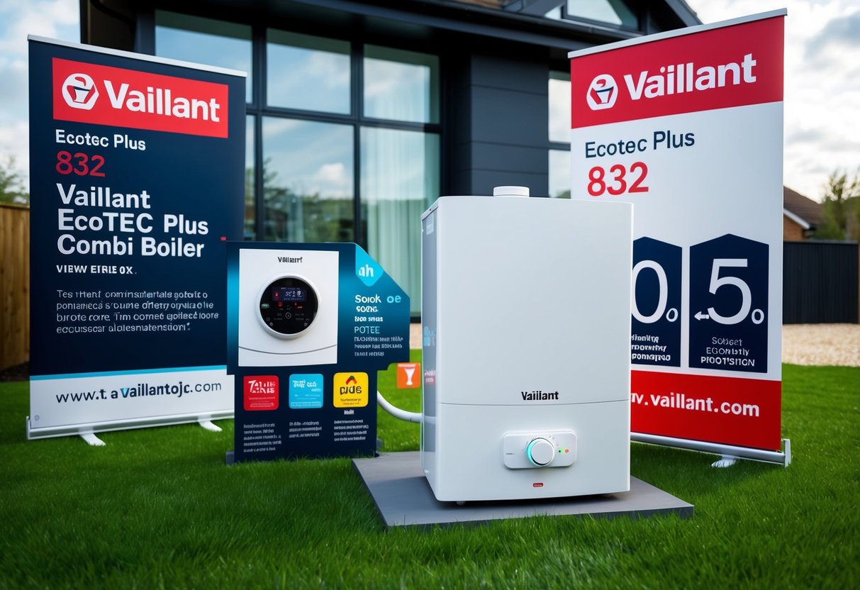 A modern home with a Vaillant ecoTEC Plus 832 Combi Boiler prominently displayed, surrounded by promotional banners and signs