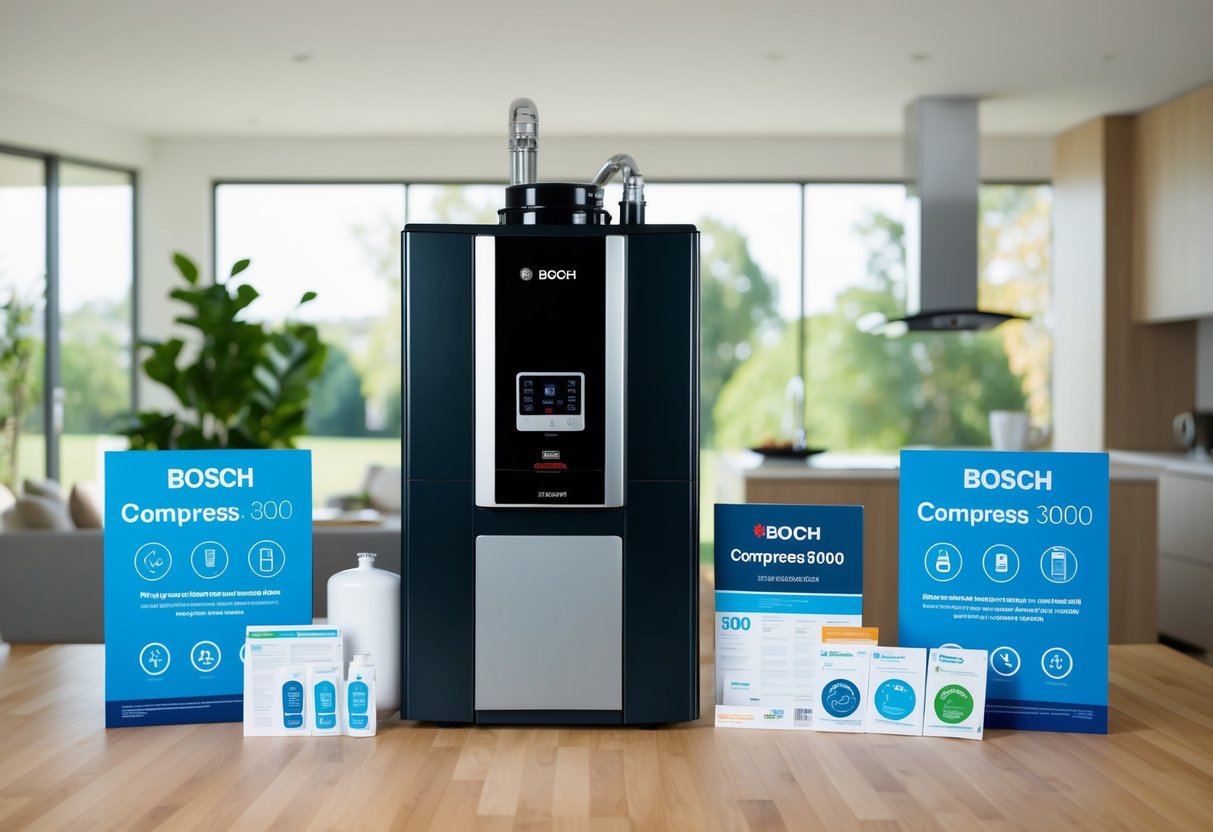 A modern home with a Bosch Compress 3000 Heat Pump water heater prominently displayed, surrounded by promotional materials and energy efficiency icons