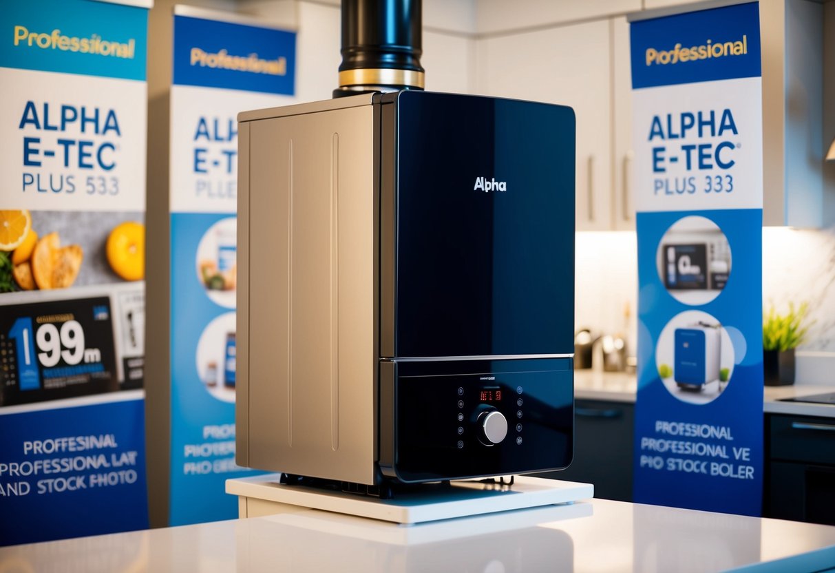 A modern kitchen with a sleek Alpha E-Tec Plus 33 Combi Boiler installed, surrounded by promotional banners and signs