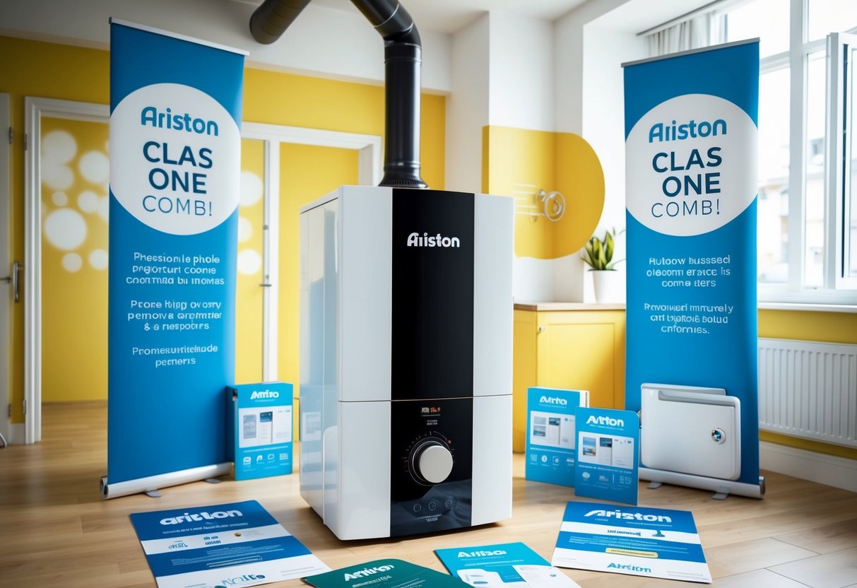 A brightly lit room with a modern Ariston Clas One Combi Boiler prominently displayed, surrounded by promotional banners and marketing materials