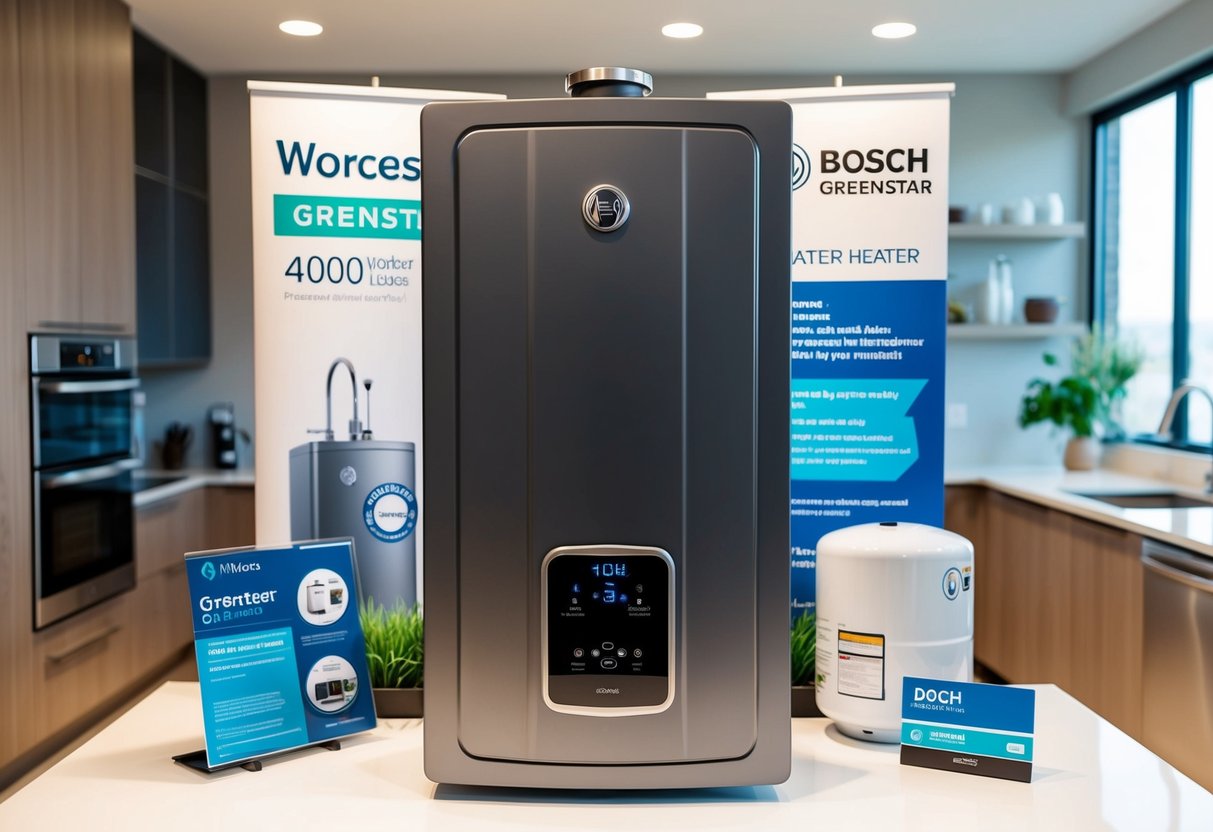 A modern kitchen with a sleek Worcester Bosch Greenstar 4000 water heater prominently displayed, surrounded by promotional materials and a clean, contemporary aesthetic