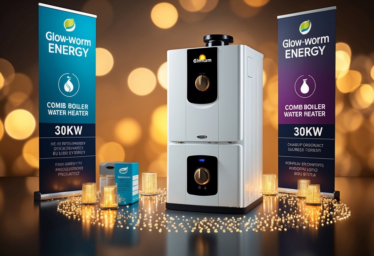 A modern Glow-worm Energy 30kW Combi Boiler water heater surrounded by promotional elements and a warm, inviting glow