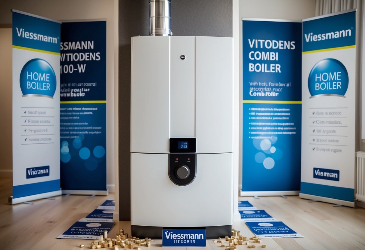 A modern home with a Viessmann Vitodens 100-W Combi Boiler installed, surrounded by promotional banners and logos