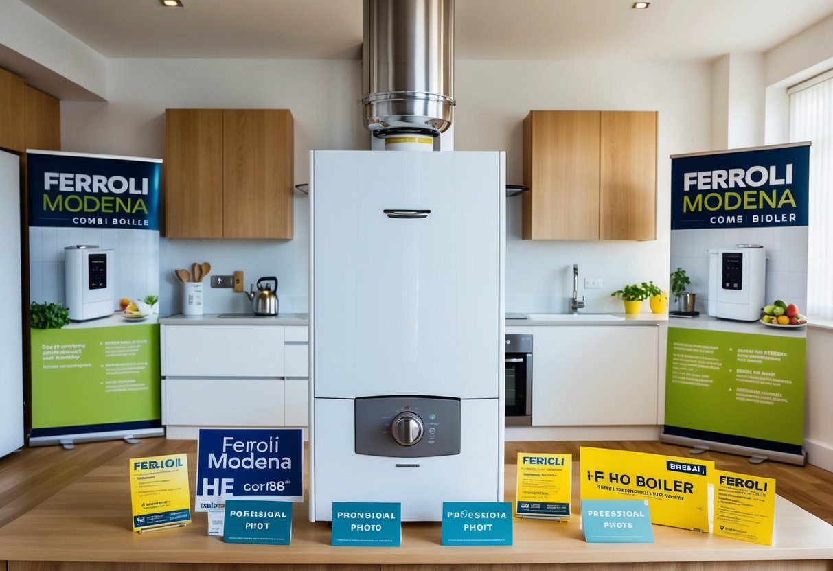 A bright, modern kitchen with a Ferroli Modena HE Combi Boiler prominently displayed, surrounded by promotional banners and signs