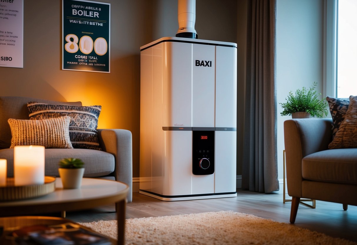 A cozy living room with a modern Baxi 800 Combi Boiler water heater prominently displayed, surrounded by promotional materials and warm lighting