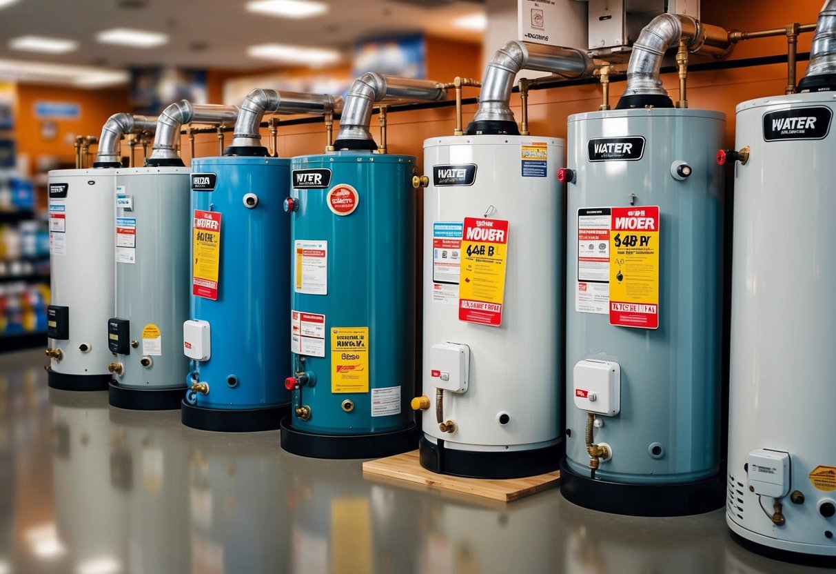 A variety of water heaters displayed with promotional tags and signs in a home improvement store