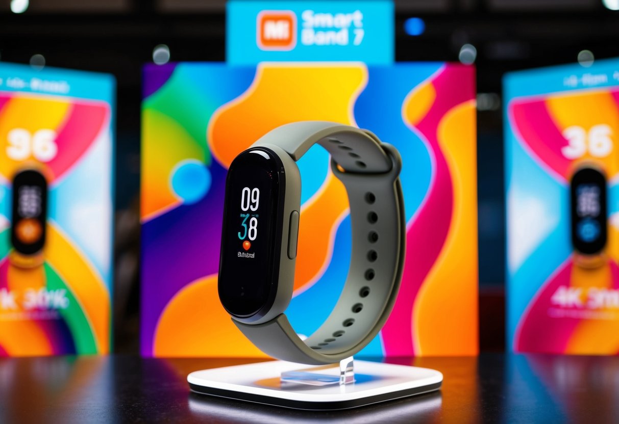 A sleek Mi Smart Band 7 displayed with vibrant promotional graphics