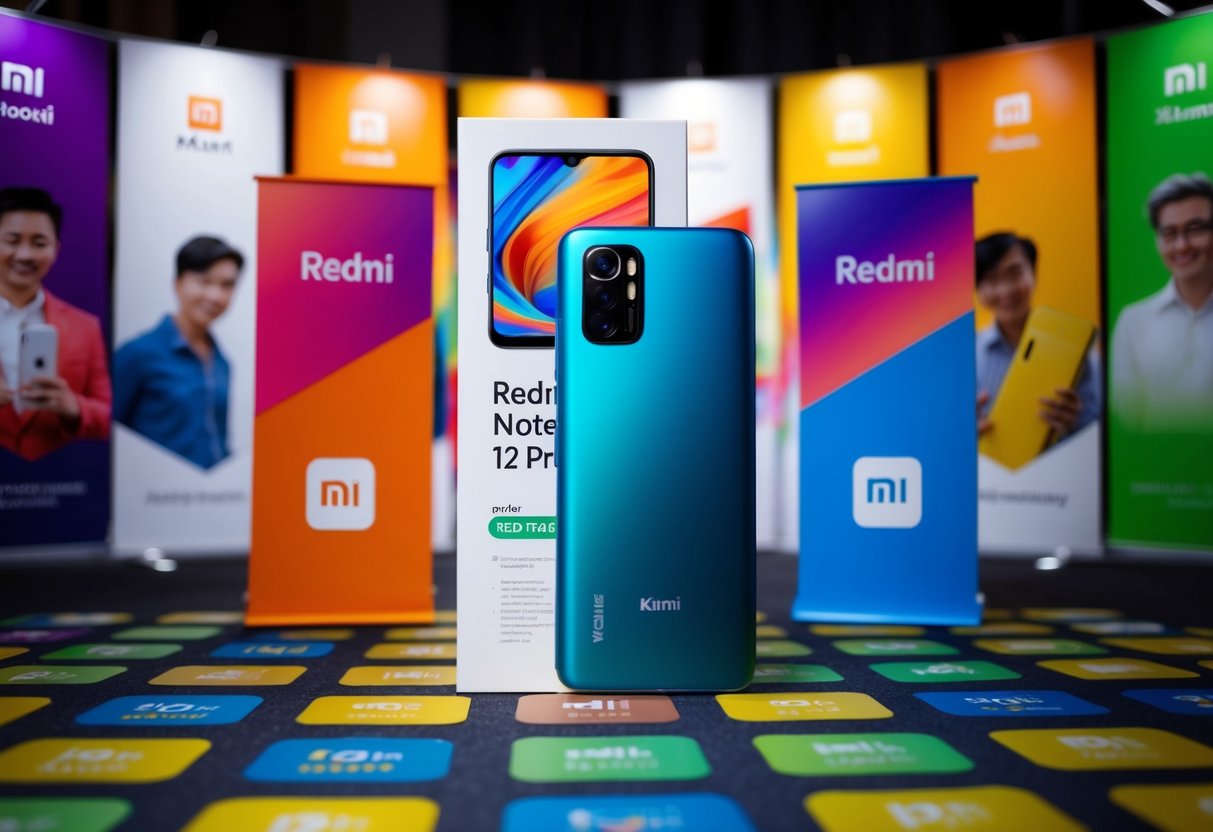 A Redmi Note 12 Pro phone surrounded by colorful promotional banners and logos from Xiaomi