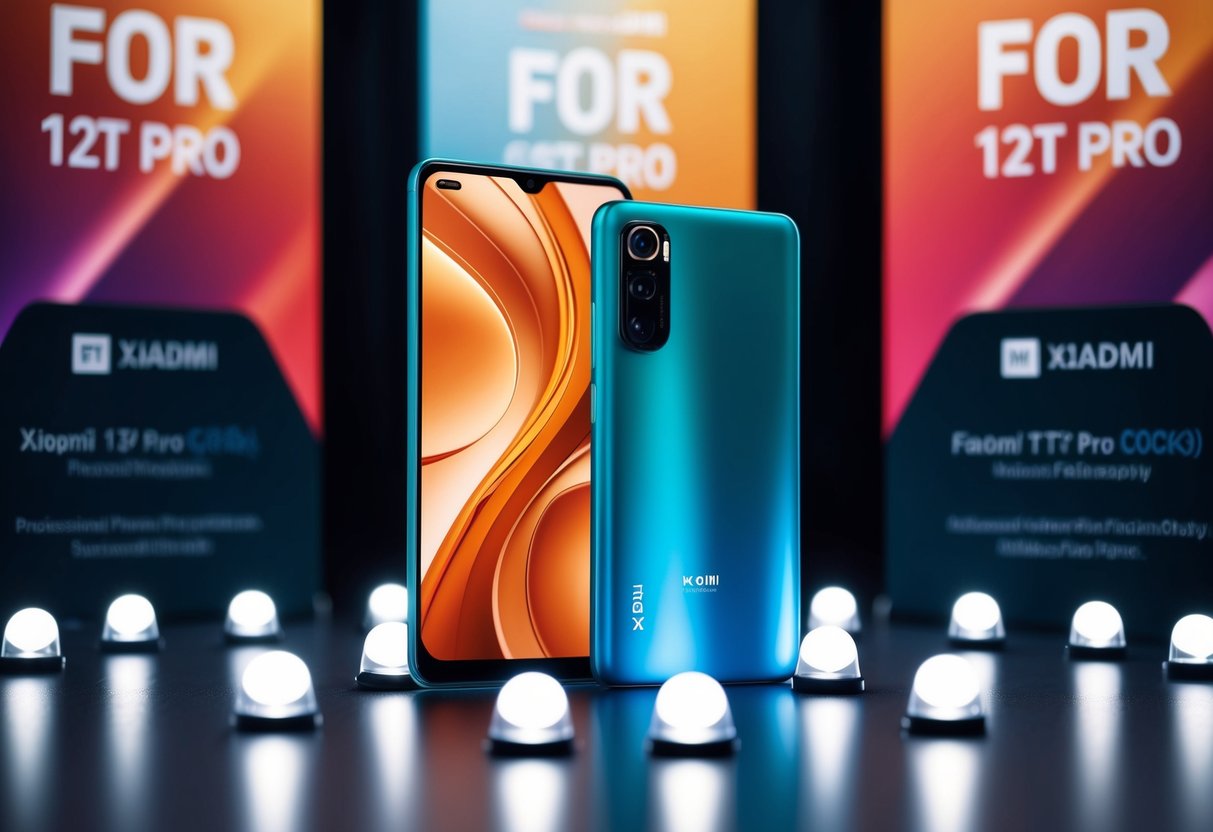 A sleek Xiaomi 12T Pro surrounded by promotional banners and lights