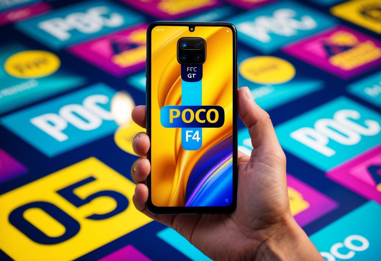 A sleek Poco F4 GT smartphone surrounded by vibrant promotional graphics and logos