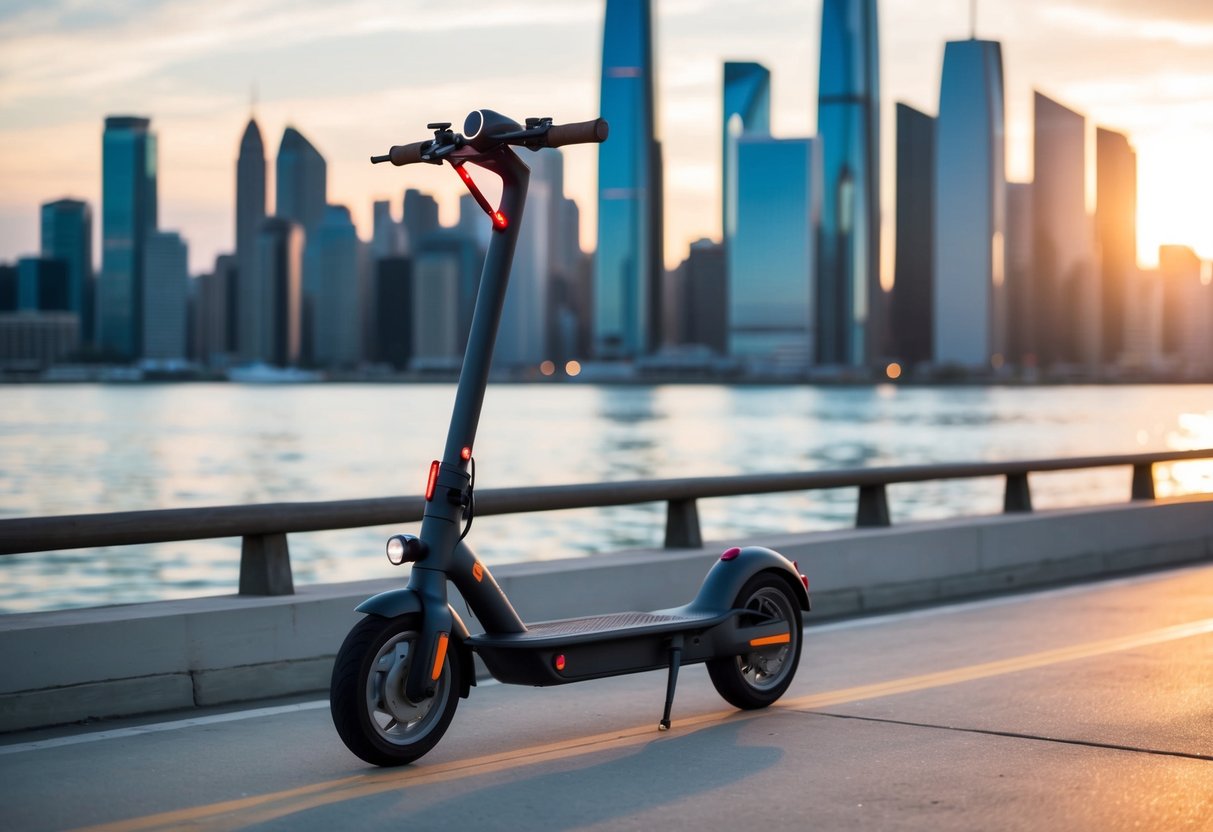 A sleek Mi Electric Scooter 4 Pro zooms past a city skyline at sunset