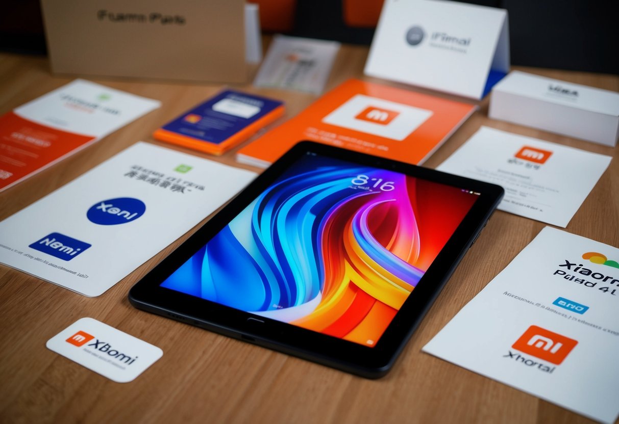 A Xiaomi Pad 6 surrounded by promotional materials and logos