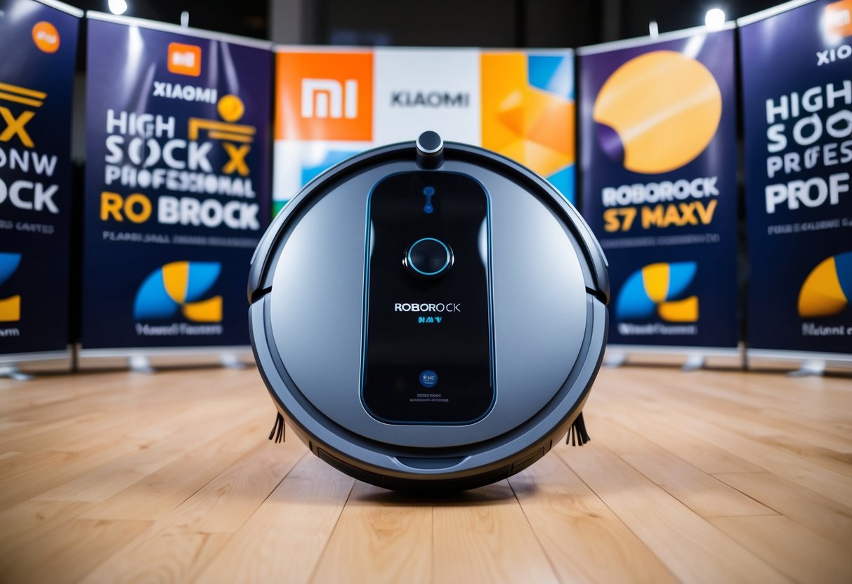 A sleek Roborock S7 MaxV vacuuming robot with Xiaomi branding surrounded by promotional banners and logos