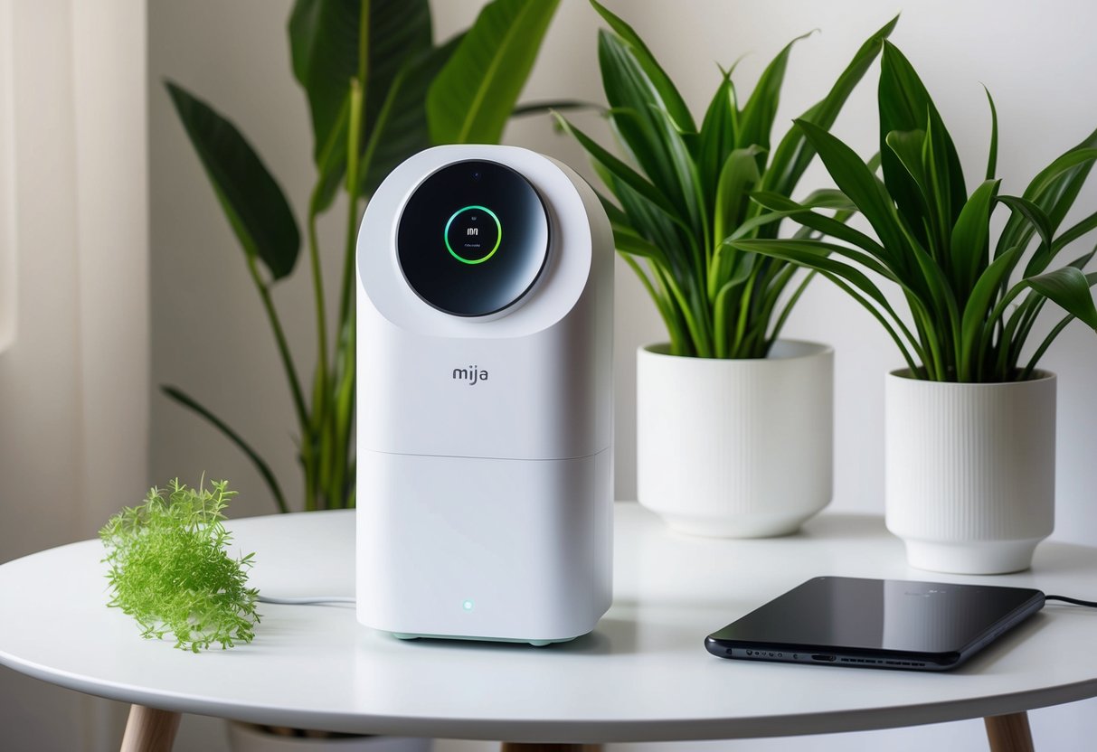 A sleek Mijia Air Purifier 4 Pro sits on a clean, modern table, surrounded by fresh green plants and bathed in soft natural light