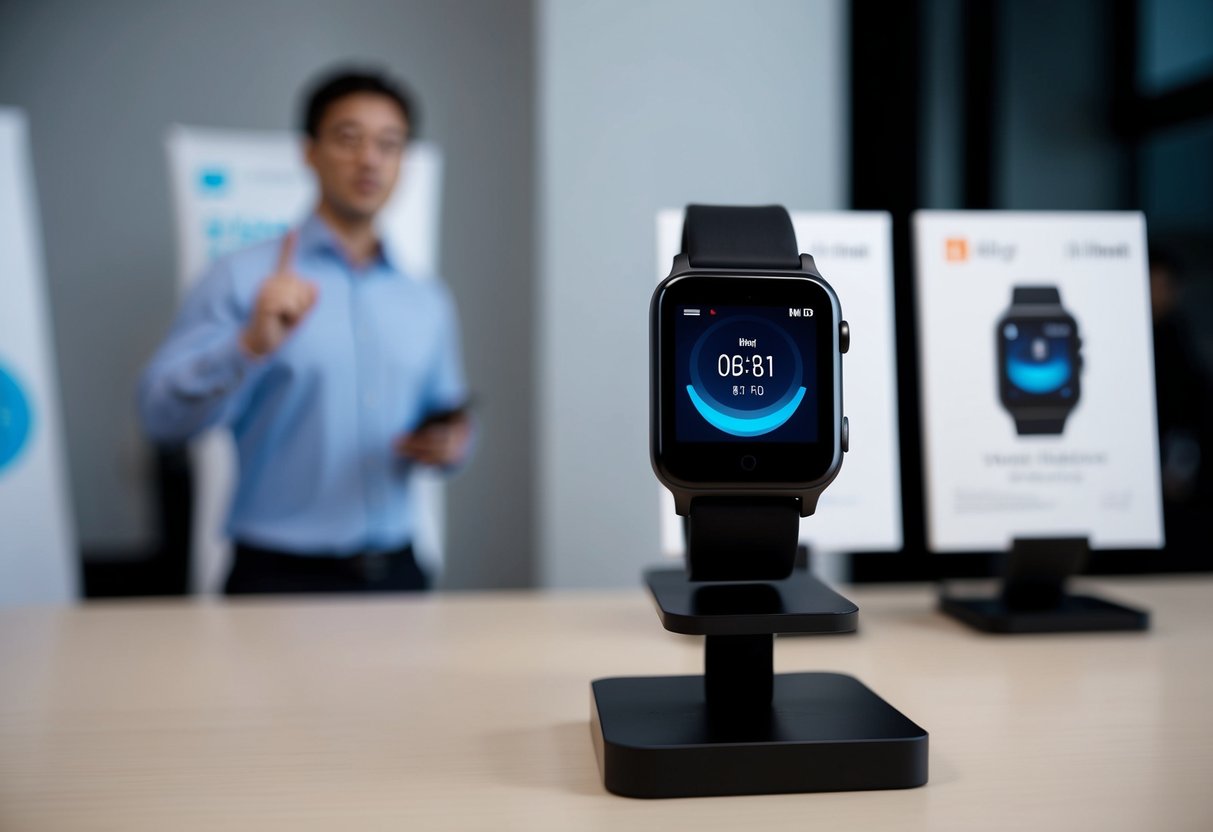 A sleek Xiaomi Watch S1 Pro displayed with promotional materials in a modern, minimalist setting