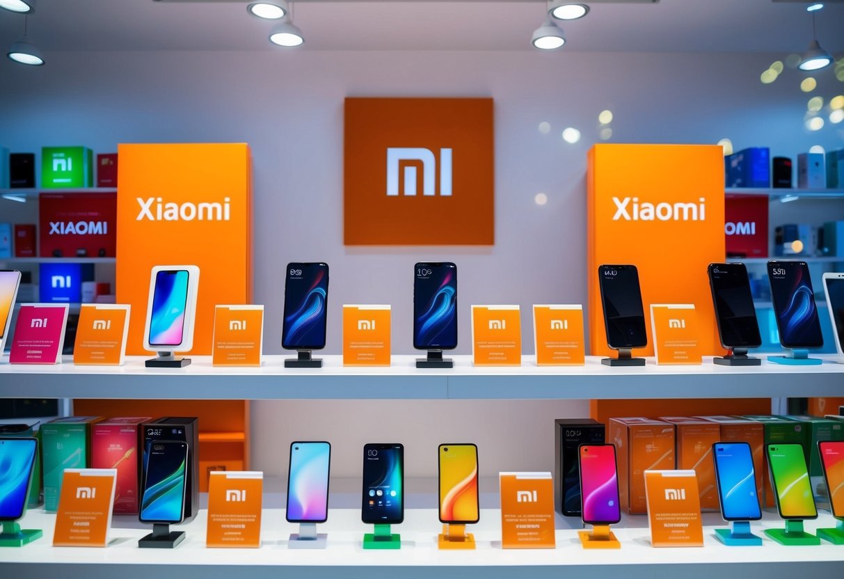 A colorful array of Xiaomi products displayed on shelves with promotional signs and logos. Bright lighting highlights the sleek designs and modern technology