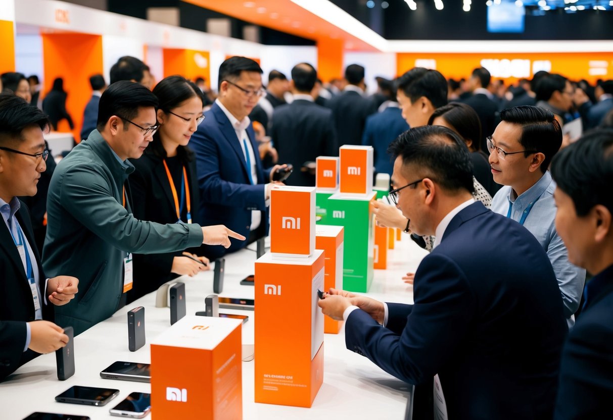 A crowded event with people interacting with Xiaomi products and promotional materials