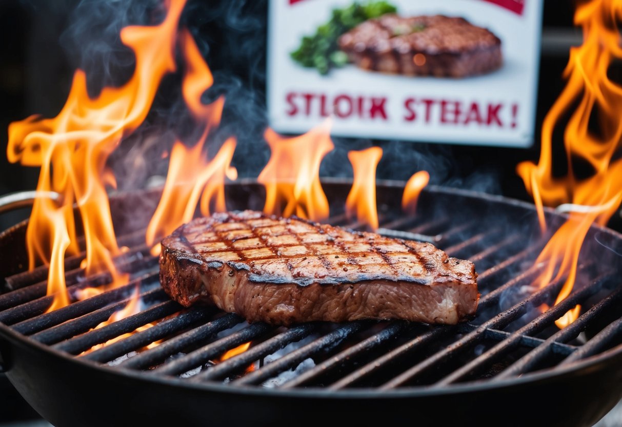 A sizzling steak on a grill, surrounded by flames and smoke, with a banner or sign promoting the steak in the background
