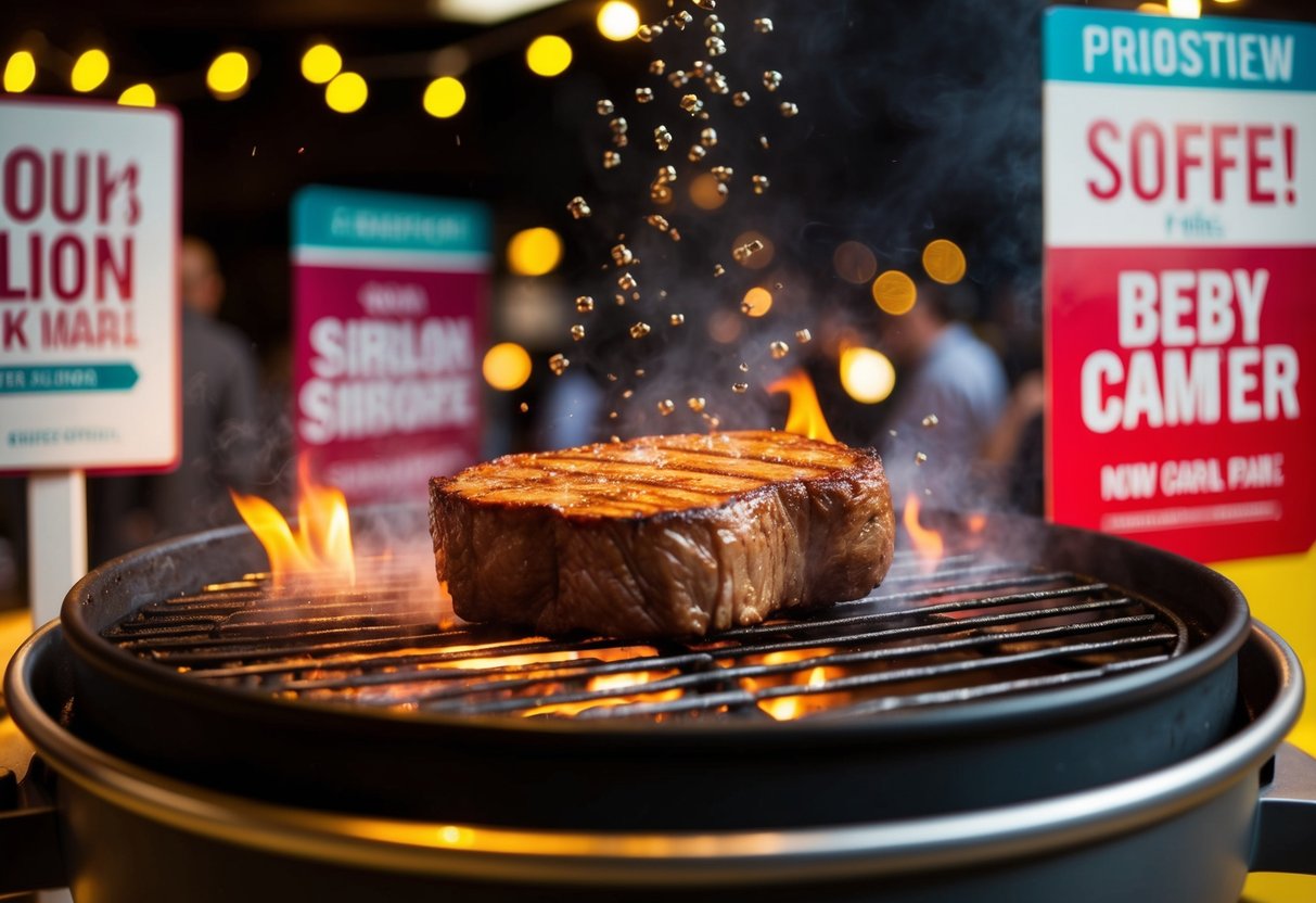 A sizzling sirloin steak sizzling on a grill, surrounded by promotional signage and a festive atmosphere