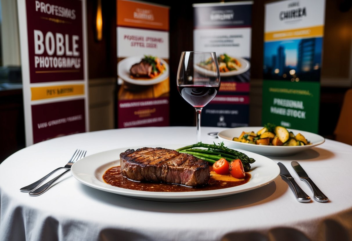 A sizzling ribeye steak with a side of vegetables and a glass of red wine on a white tablecloth, surrounded by promotional signs and banners