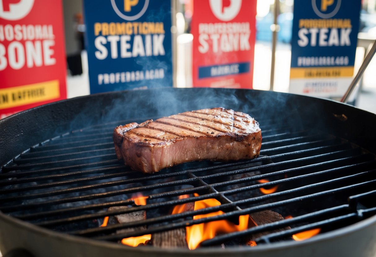 A sizzling T-bone steak on a grill, surrounded by promotional banners and signs