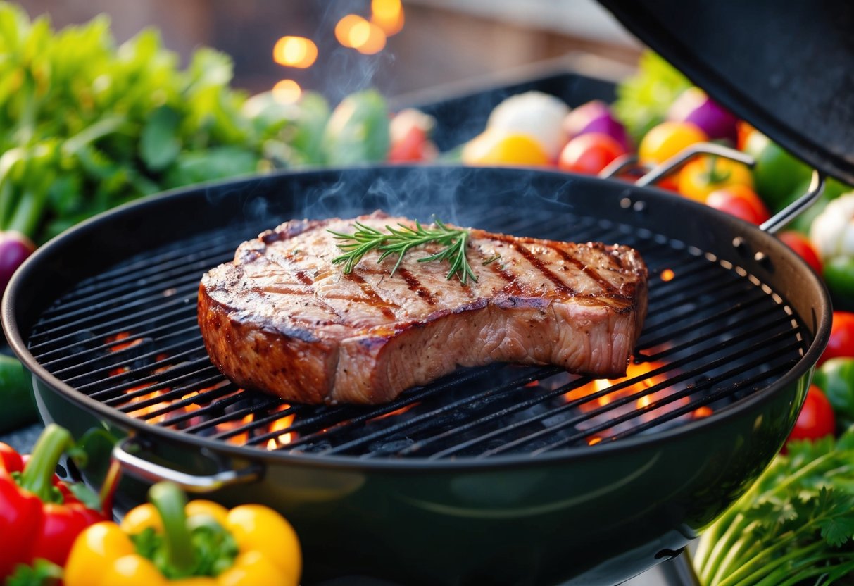 A sizzling rump steak grilling on a hot barbecue surrounded by vibrant vegetables and herbs