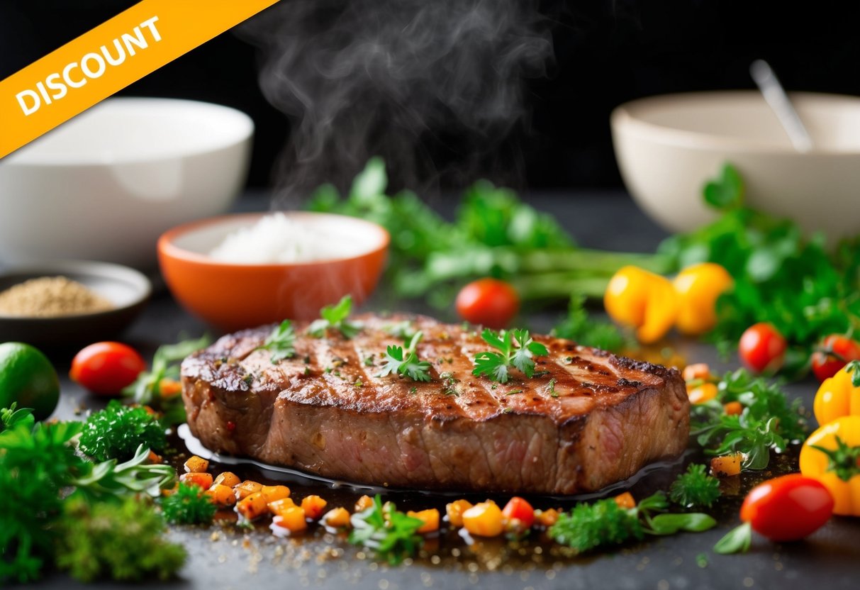 A sizzling flat iron steak surrounded by vibrant herbs and spices, with a bold "discount" banner in the background