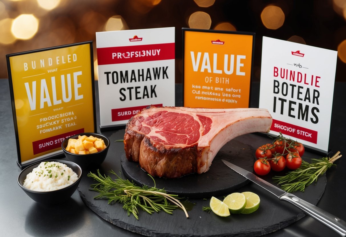 A succulent tomahawk steak surrounded by promotional signage and bundled with other value items