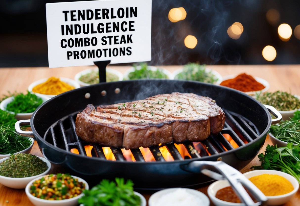 A sizzling steak on a grill, surrounded by a variety of fresh herbs and spices, with a sign promoting the "Tenderloin Indulgence Combo Steak Promotions."