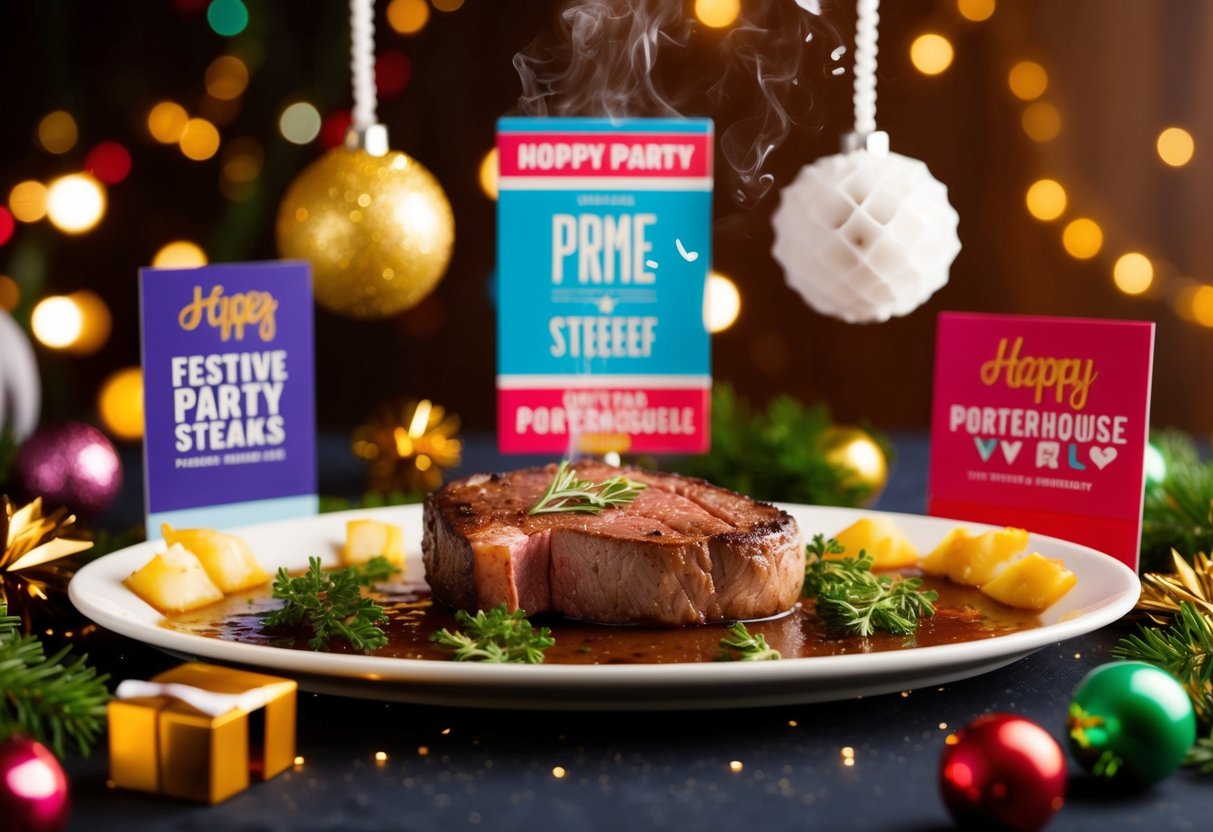 A sizzling prime porterhouse steak surrounded by festive party decorations and promotional signage