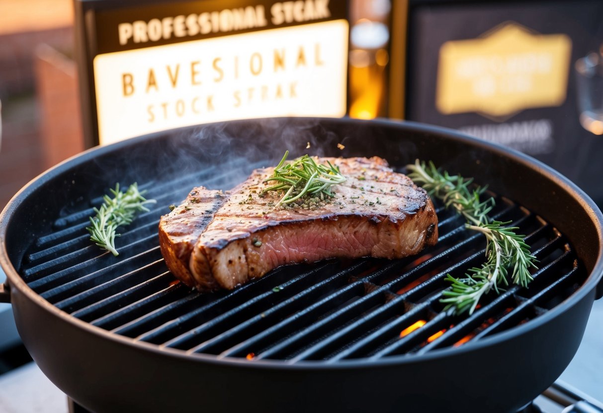 A sizzling Bavette steak on a hot grill, surrounded by fresh herbs and seasonings, with a promotional sign in the background