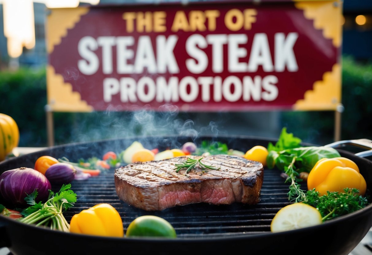 A sizzling steak on a grill, surrounded by colorful vegetables and herbs, with a banner displaying "The Art of Steak Promotions" in the background