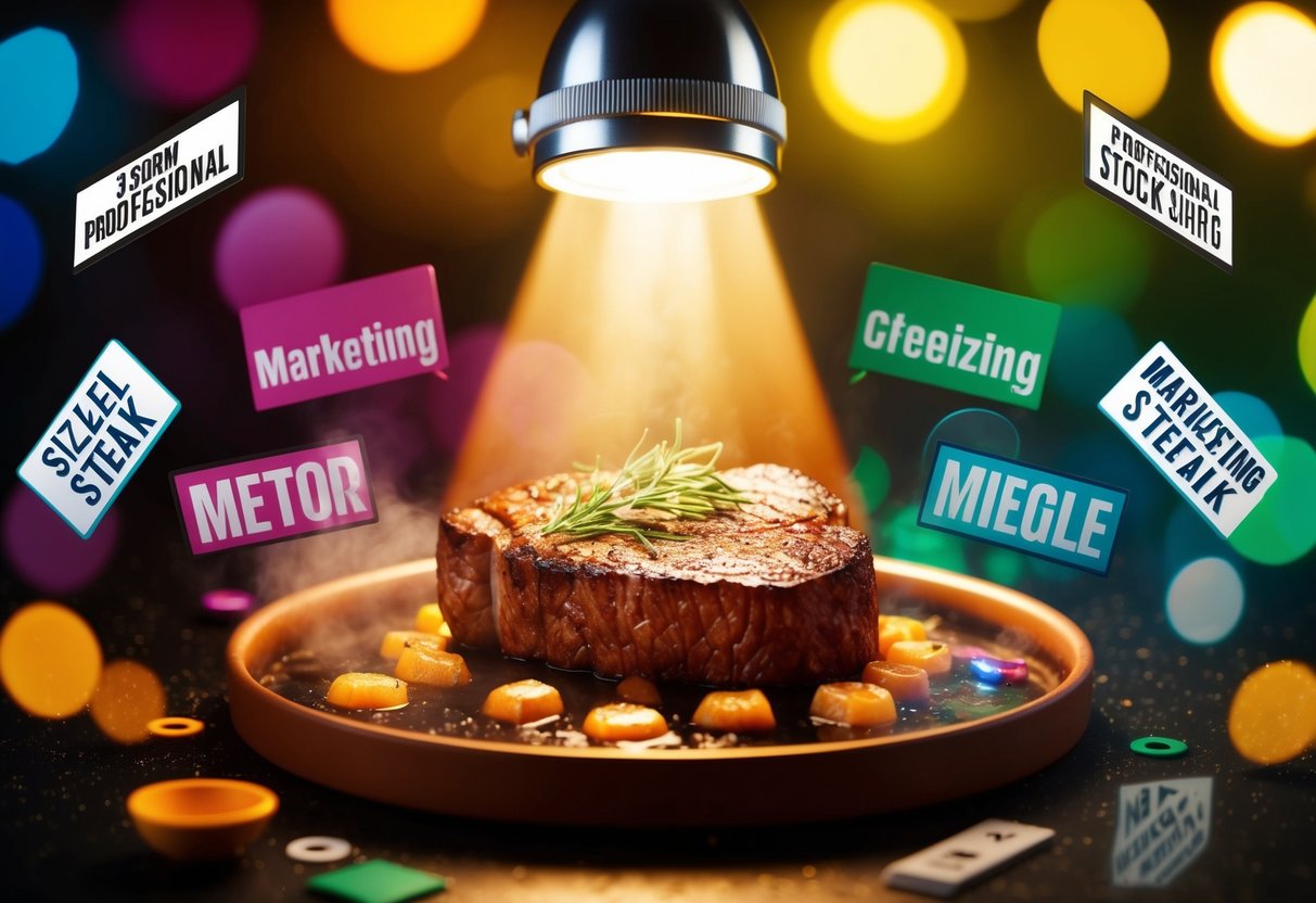 A sizzling steak surrounded by vibrant colors, with a spotlight highlighting the meat, while various marketing elements are strategically placed around it