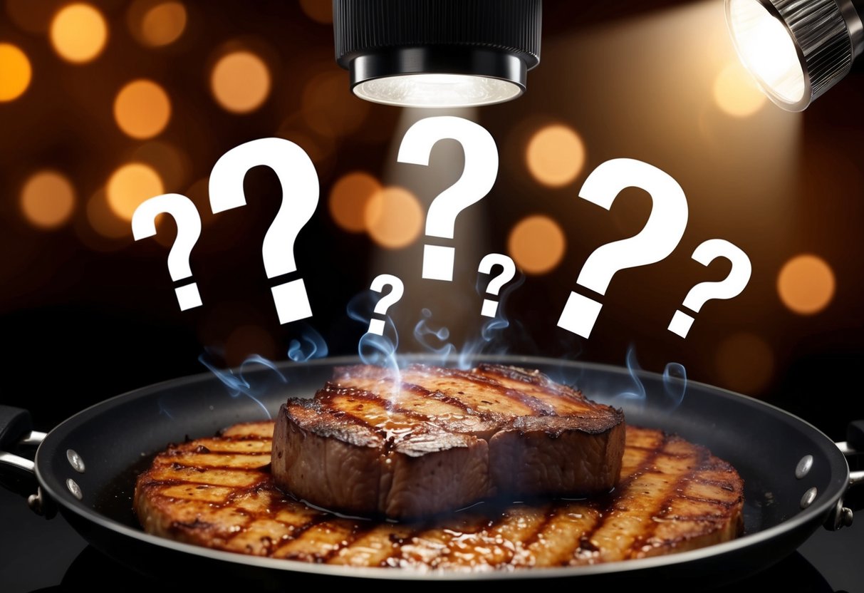 A sizzling steak surrounded by question marks, with a spotlight shining on it