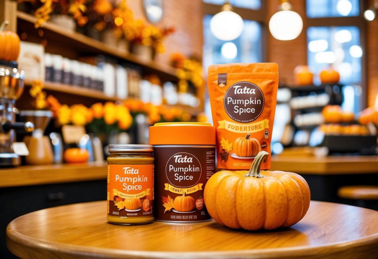 A warm and cozy coffee shop with autumn decorations and a prominent display of Tata Pumpkin Spice products