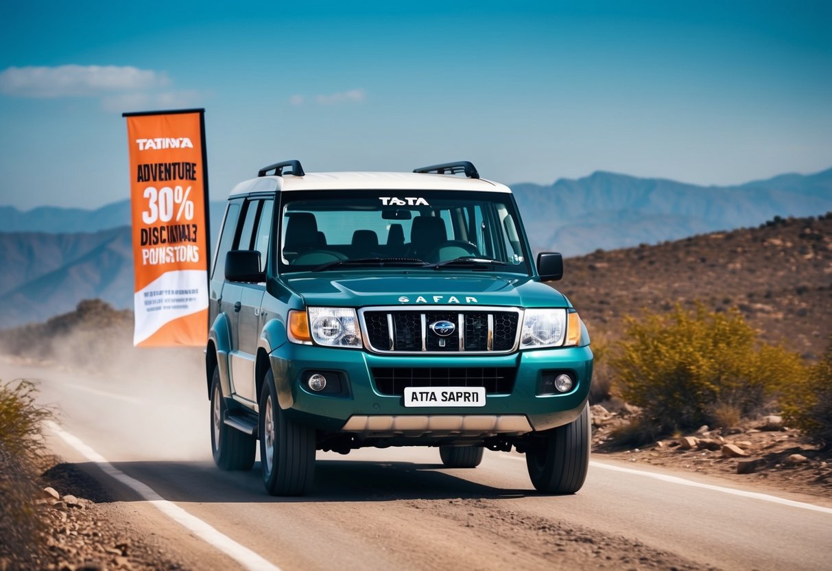 A Tata Safari car driving through a rugged landscape with a banner advertising adventure discounts and promotions