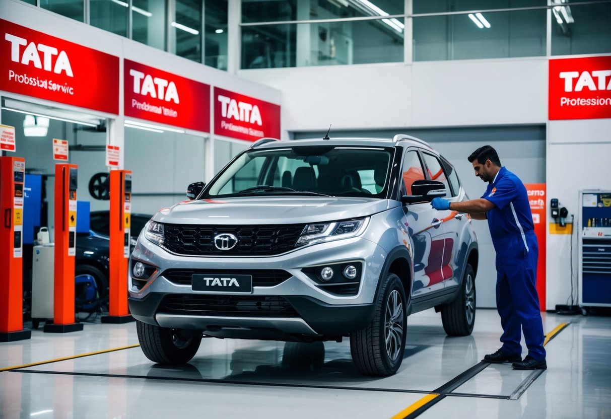 A sleek Tata vehicle receiving a thorough service at a modern and professional workshop, surrounded by promotional banners and signage